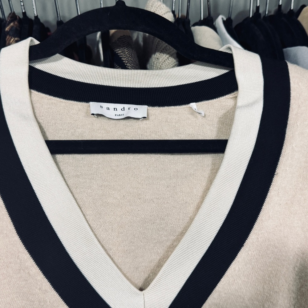 V-Neck Knit Sweater in Camel with Black Trim - Picture 4 of 4